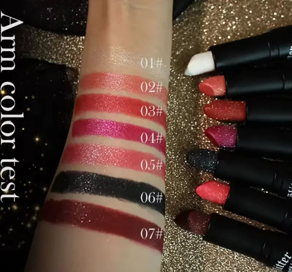 Glitter Luxe: 7-Color Waterproof Moisture-Infused Lipstick Collection